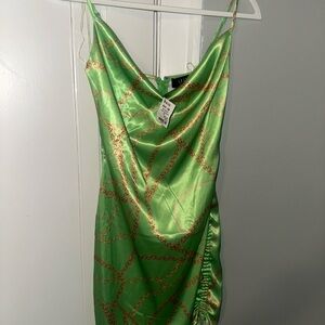 AKIRA Lime and Gold Chain Satin Dress